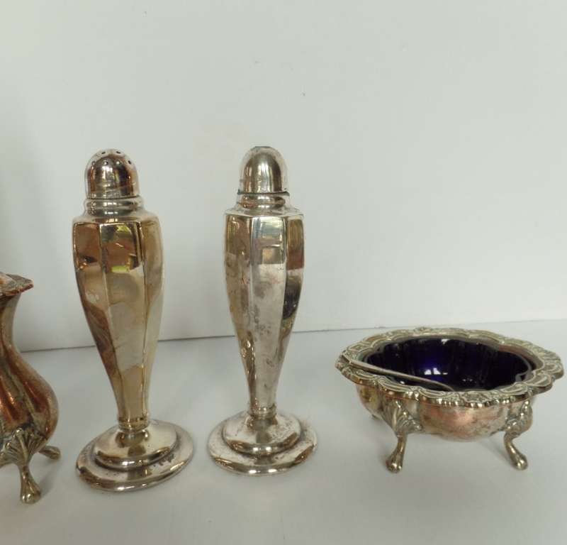 VINTAGE SILVERPLATED SUGAR CASTOR/SHAKER, SALT AND PEPPER SHAKERS, SALT CONTAINER WITH BLUE LINER