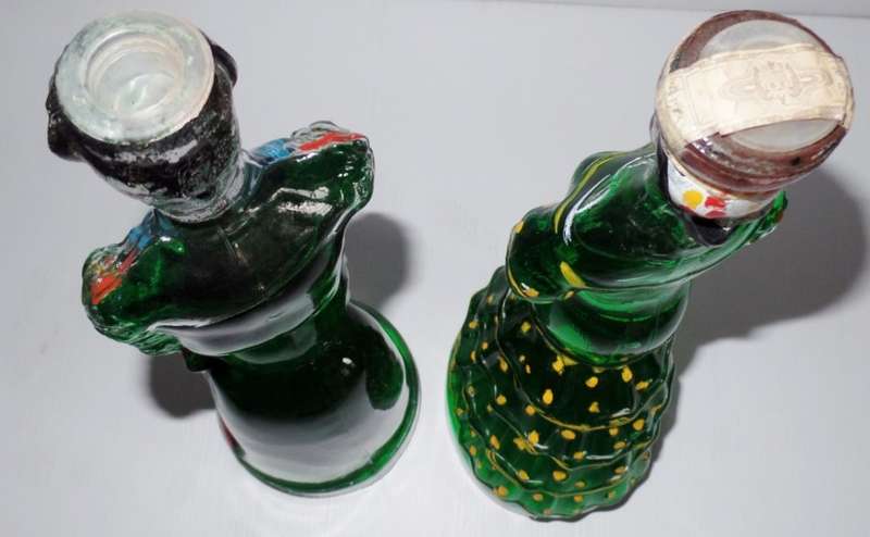 1970`s SPANISH NOGUERAS GOMAS BARCELONA HAND PAINTED AND MOULDED PEPPERMINT LIQUOR BOTTLES