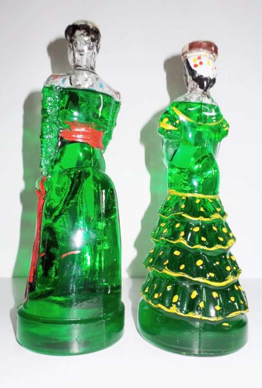 1970`s SPANISH NOGUERAS GOMAS BARCELONA HAND PAINTED AND MOULDED PEPPERMINT LIQUOR BOTTLES