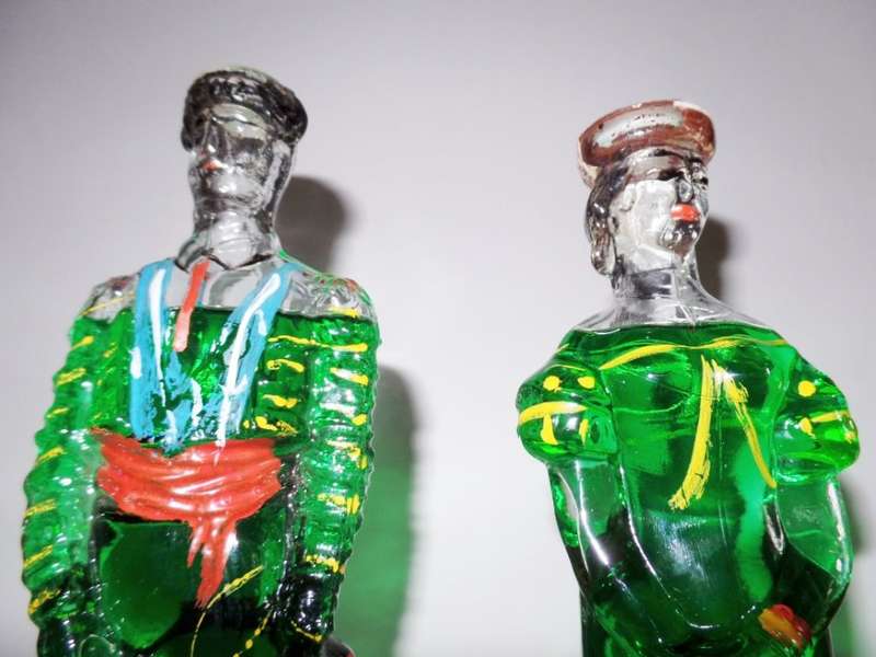 1970`s SPANISH NOGUERAS GOMAS BARCELONA HAND PAINTED AND MOULDED PEPPERMINT LIQUOR BOTTLES