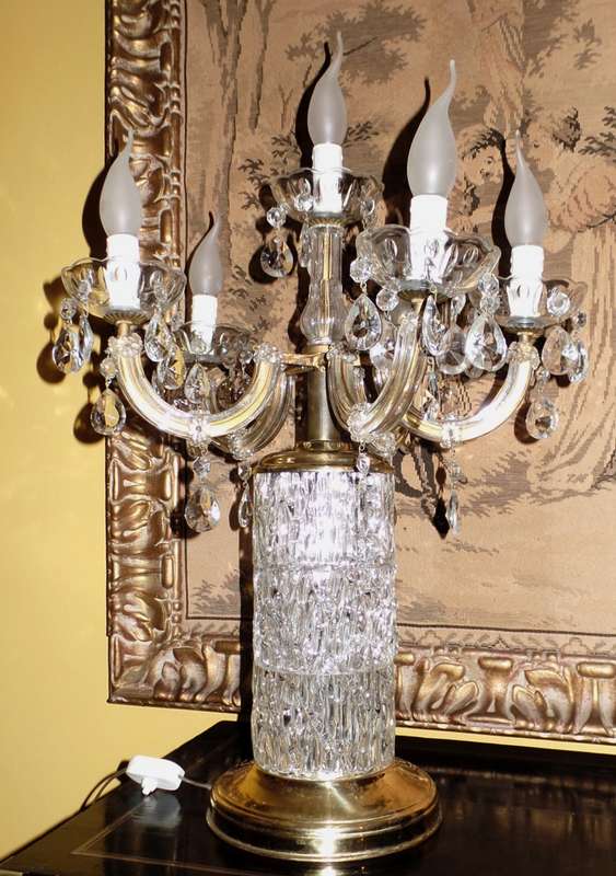 VINTAGE BRASS AND CRYSTAL 6-LIGHT TABLE LAMP