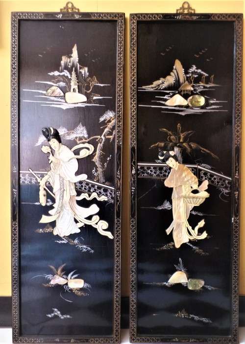 PAIR OF VINTAGE CHINESE MOTHER OF PEARL AND  LACQUER WALL HANGINGS