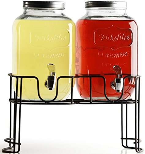 Yorkshire Mason Jar Double Glass Beverage Drink Dispenser with Decorative Metal Stand and Metal Lids