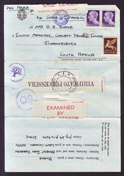 WW II POW CENSOR COVER ITALY TO SA