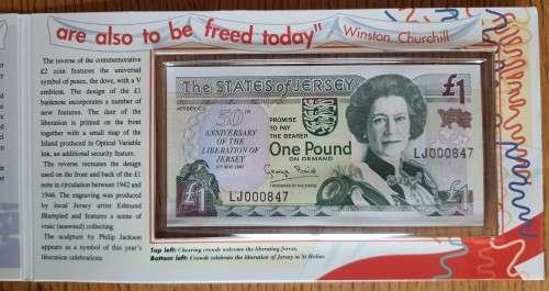 Liberation of Jersey 2 Pound Coin and 1 Pound Banknote
