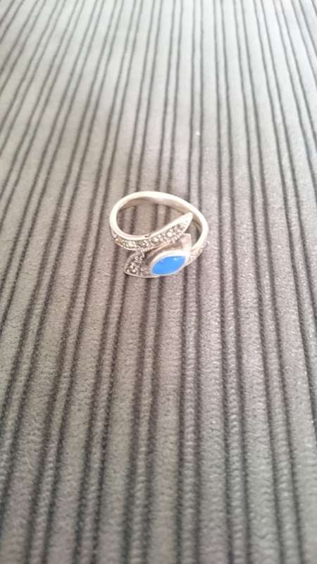 Sterling Sliver Ring with marcasite & Blue stone