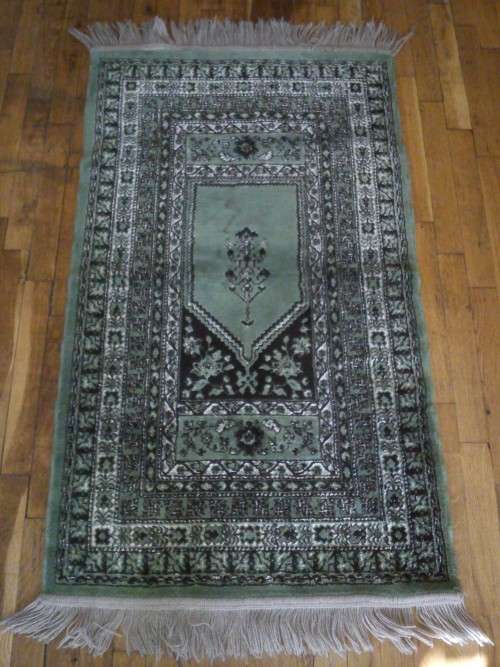 Vintage Turkish Oriental Rug - green, white lashes