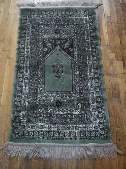 Vintage Turkish Oriental Rug - green, white lashes