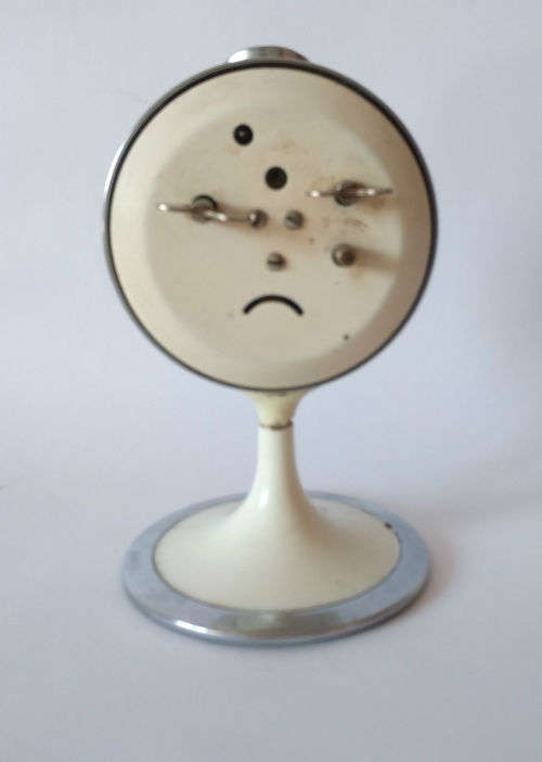 Vintage Chinese alarm clock, red case white round dial
