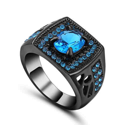 Men's / Women's Wedding Ring with Blue Aquamarine, Black Platinum Plated  - Size 7 / O