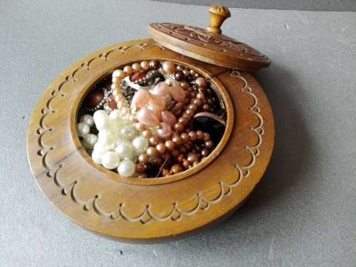 Lot of Vintage Jewelry in old hand-carved wooden jewelry box
