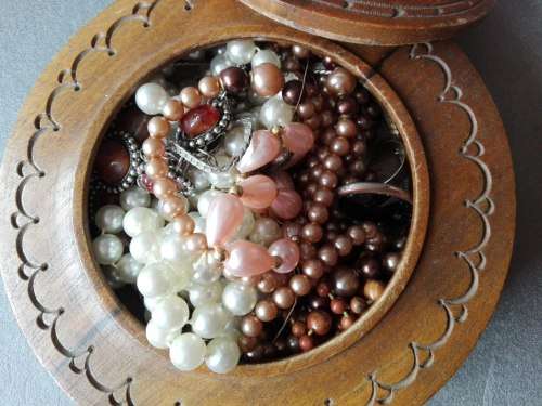 Lot of Vintage Jewelry in old hand-carved wooden jewelry box