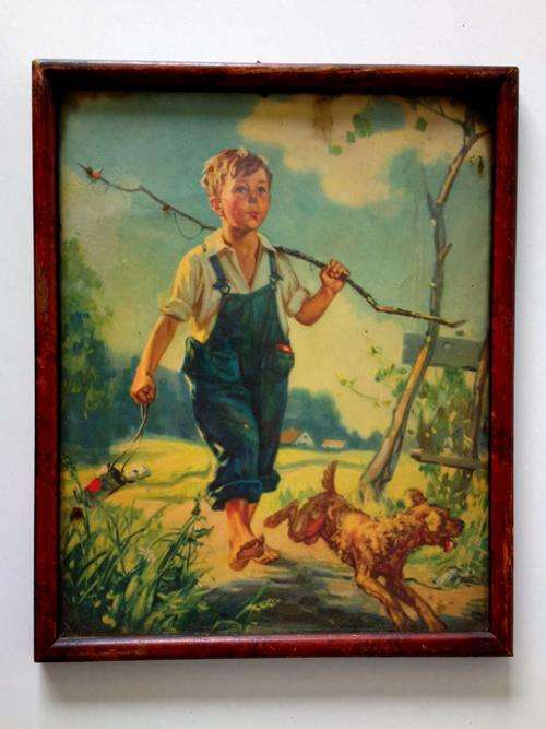 Antique 1910's chromolithograph in a wooden frame under glass