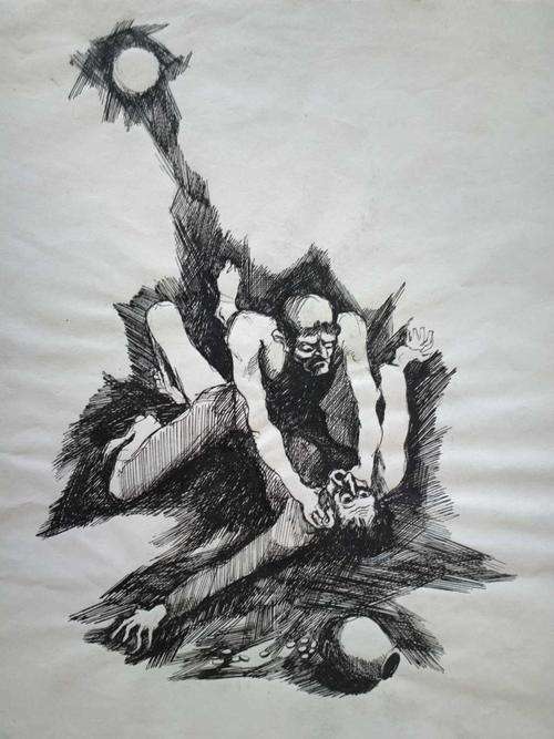 2 Vintage original Abstract Ink drawing from Europe, Abstract Horror