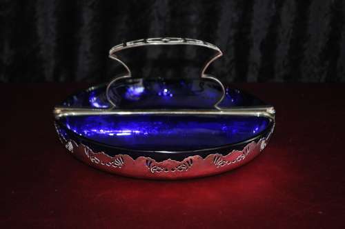Decorative EPNS Snack Dish With Two Halfmoon Cobalt Blue Liners.