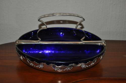 Decorative EPNS Snack Dish With Two Halfmoon Cobalt Blue Liners.