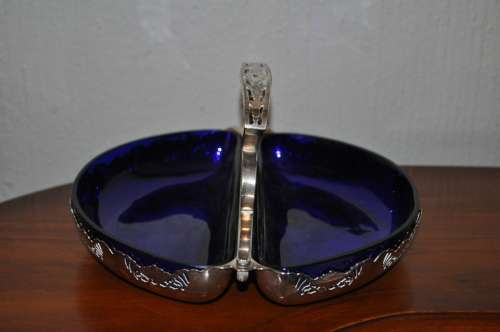 Decorative EPNS Snack Dish With Two Halfmoon Cobalt Blue Liners.