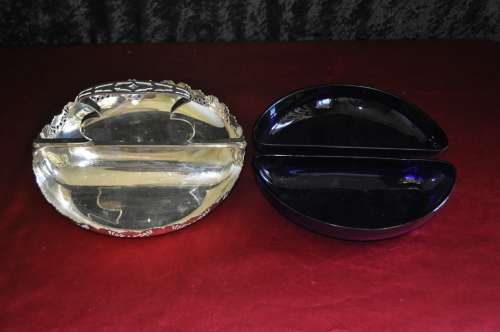 Decorative EPNS Snack Dish With Two Halfmoon Cobalt Blue Liners.
