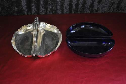 Decorative EPNS Snack Dish With Two Halfmoon Cobalt Blue Liners.