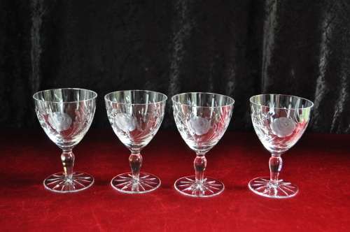 Rose Cut Crystal Red Wine Glasses x 4   ---   Damage Free!