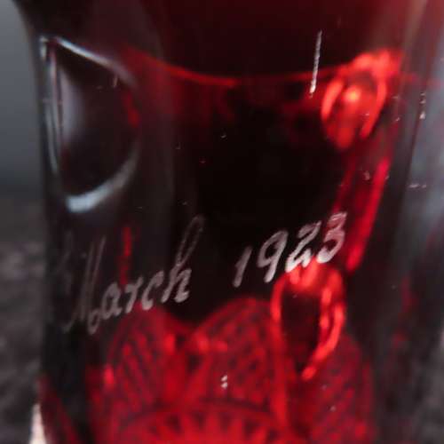 Antique Ruby Glass Milk Jug  Etched 16th March 1923