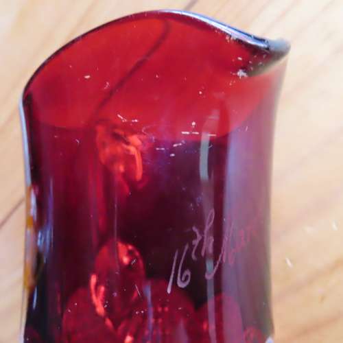 Antique Ruby Glass Milk Jug  Etched 16th March 1923