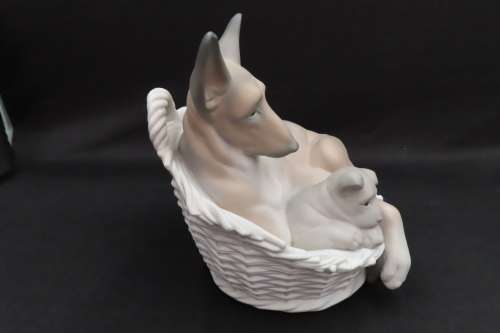 Lladro German Sheperd With Pup (Reclining In Dog Basket)
