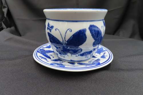 Blue & White Butterfly Pattern Pot Plant Holder with Saucer.