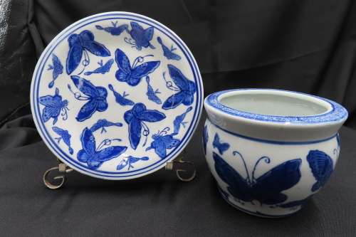Blue & White Butterfly Pattern Pot Plant Holder with Saucer.