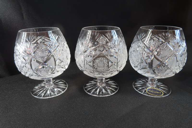 Bohemia Crystal Hand Cut Brandy Glasses x 6 Made in Czechoslovakia.