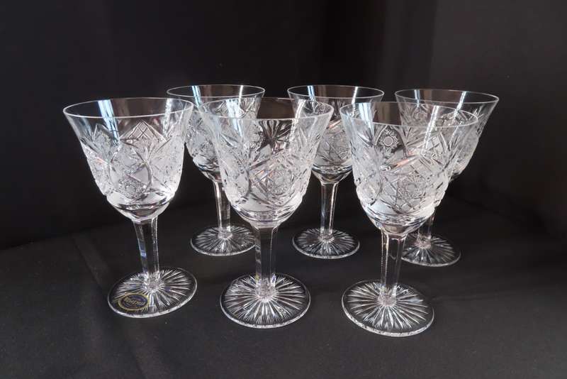Bohemia Crystal Hand Cut Red Wine Glasses x 6.