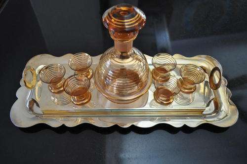 Liqueur Decanter With 6 Shot Glasses and Brass Tray