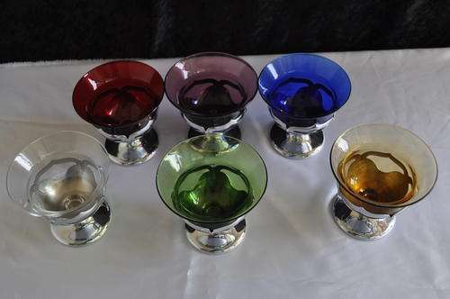 6 x Coloured Glass Dessert Bowls on Silver Metal Stands.