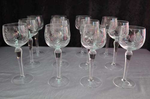 Rose Cut Crystal Hock Glasses x 12  (Two glasses with very tiny flea bites)