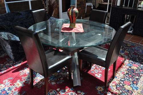 Glass & Aluminium Dining Room Table & 4 Wood and Leatherette Chairs -- COLLECTIONS ONLY!!
