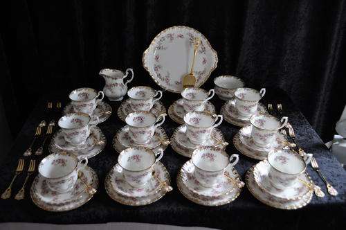Royal Albert "Dimity Rose" 39 Piece Tea Set & 12 Tea Spoons & 12 Cake Forks & 1 Cake Lifter