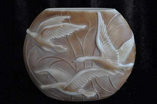 Brown Stained Milk Glass Vase Embossed With Flying Geese