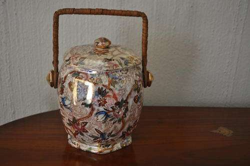 Maling Lustre Biscuit Barrel With Wicker Handle --  Damage To Lid !!!!!