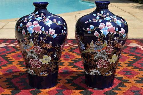 A Pair Of Large Blue Oriental Vases Decorated With Flowers & Birds Of Paradise   Collections Only!!!