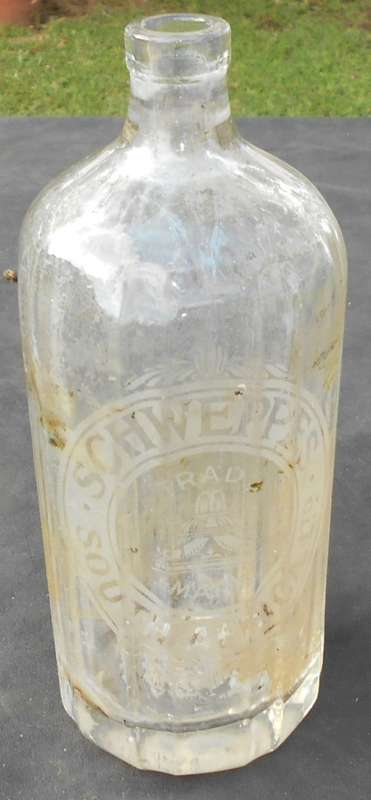 Vintage Schweppes Limited British Syphon Company Tall Etched Glass Soda Bottle