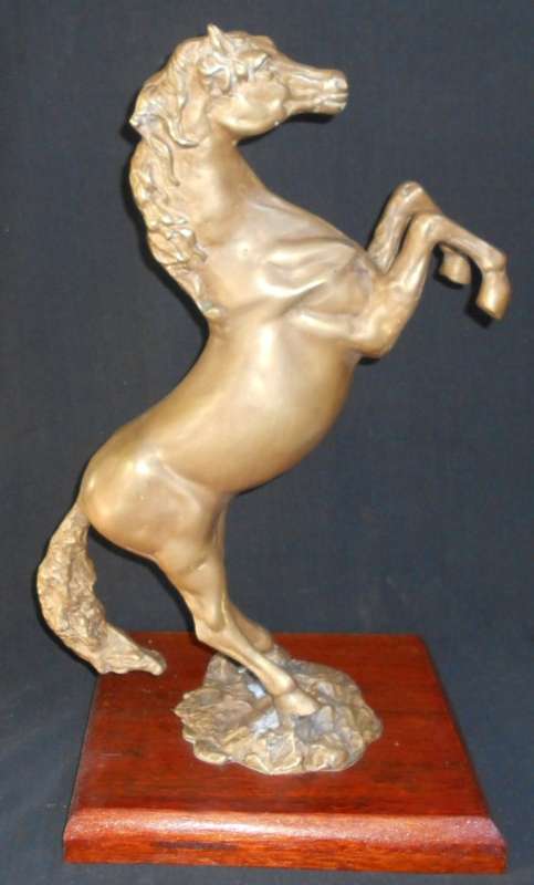 Vintage Large Solid Brass Rearing Stallion Horse Statue mounted on solid rhodesian teak plinth