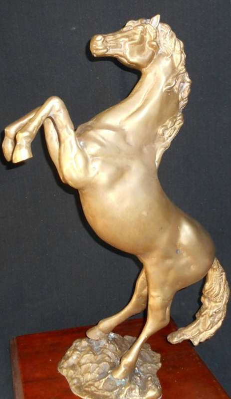 Vintage Large Solid Brass Rearing Stallion Horse Statue