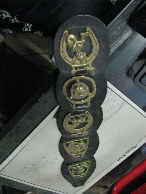 LOVELY VINTAGE DOG BRASSES ON LEATHER .... DOG BRASSES DENOTED ONES WEALTH IN THE COMMUNITY