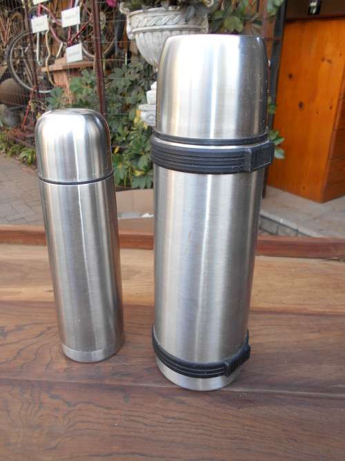 2 STAINLESS OR CHROME THERMOS FLASKS...BID AS ONE LOT