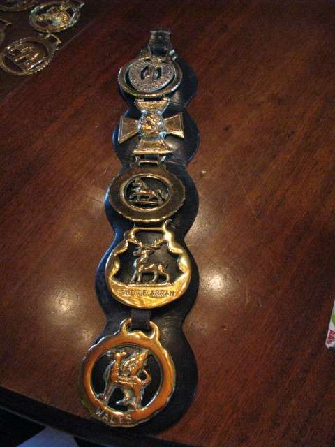 AN ANTIQUE LEATHER STRAP WITH 5 HORSE BRASSES....CASTING DENOTES THAT THESE ARE VERY OLD