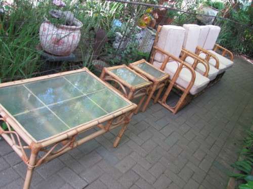 CANE LOUNGE SUITE WITH COFFEE TABLE AND 2 OCCASIONAL TABLES