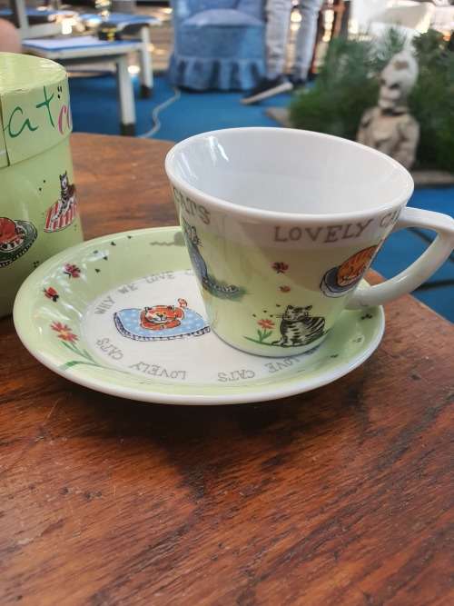 STUNNING CAT CAT TEACUP AND SAUCER IN BOX .