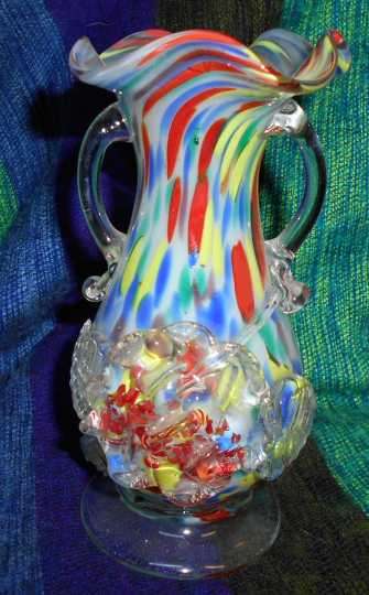 Vintage Handmade Glass Vase with Pressed Handles and Pressed Flower Motif