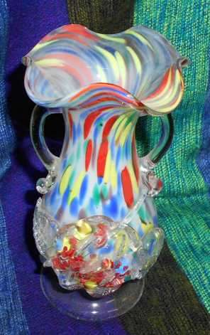 Vintage Handmade Glass Vase with Pressed Handles and Pressed Flower Motif