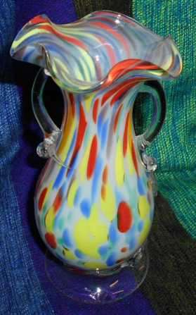 Vintage Handmade Glass Vase with Pressed Handles and Pressed Flower Motif